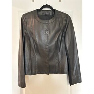 Anne Klein Black Leather Collarless Jacket Biker Women Size M